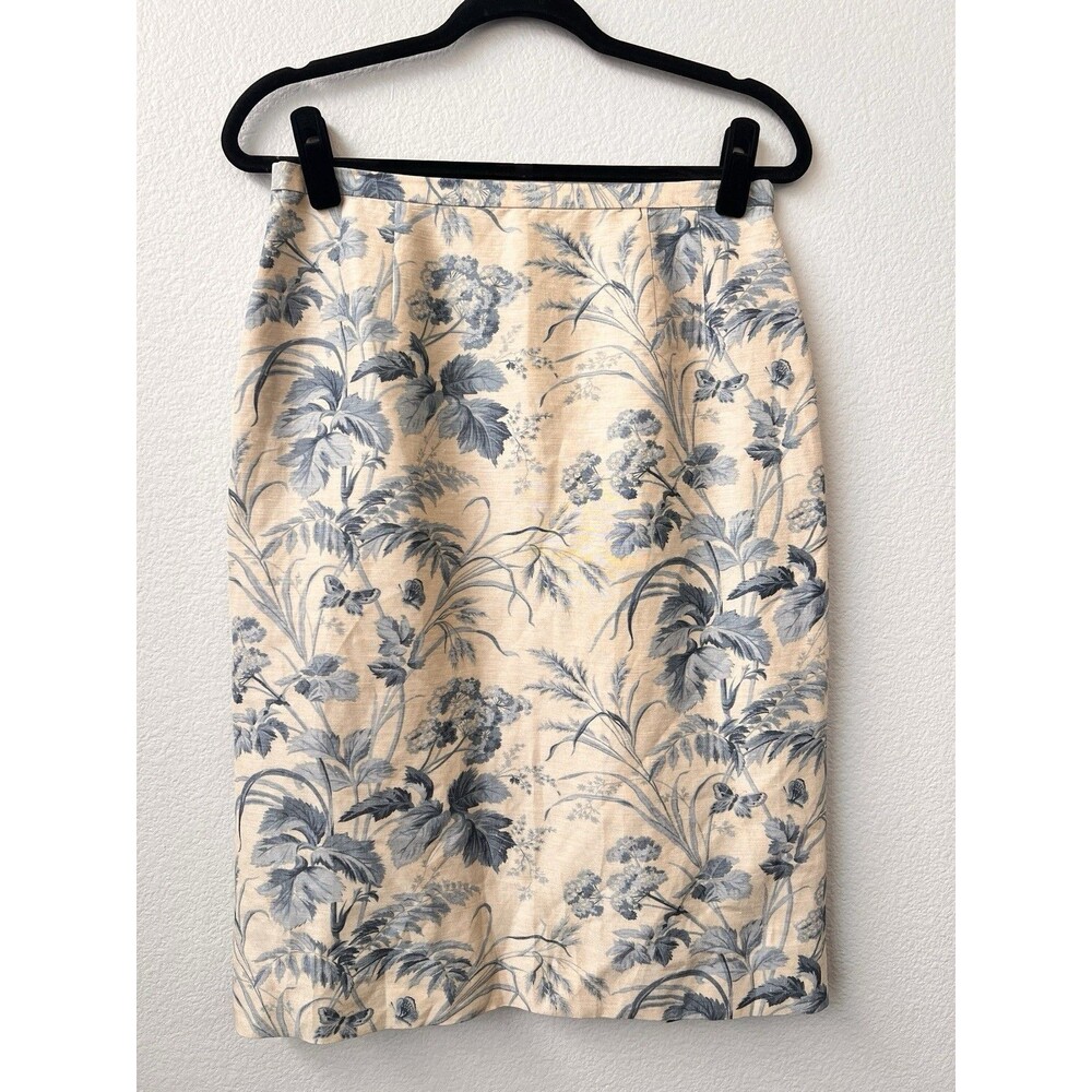 VTG Talbots Silk Linen Skirt Women’s 10P Toile Floral Blue Cream Pencil Midi